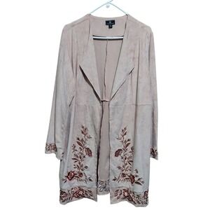 Curations Womens M Faux Suede Embroidered Floral Duster Jacket Pink Blush Kimono